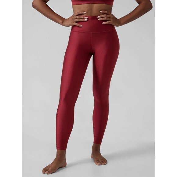 Athleta Elation Shine Tight Shiny Metallic Deep Red Activewear Leggings - Picture 1 of 15